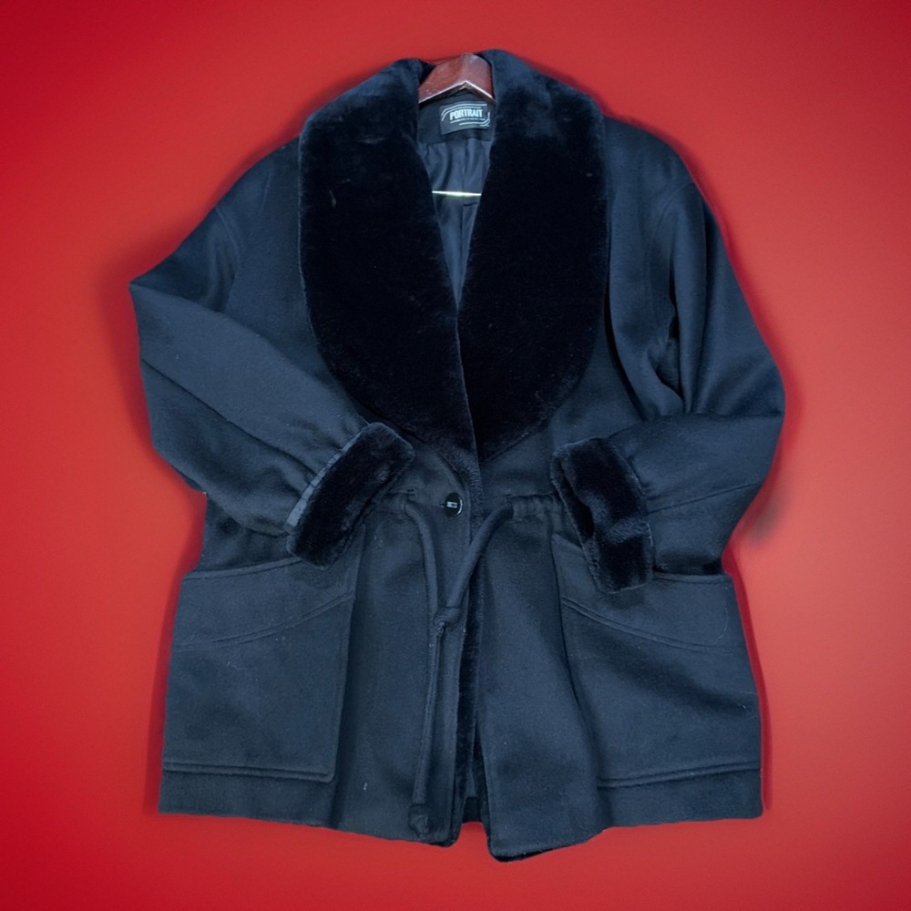 Portrait Vintage 80s Wool Faux Fur Trim Overcoat Black 3XL Plus Size Relaxed